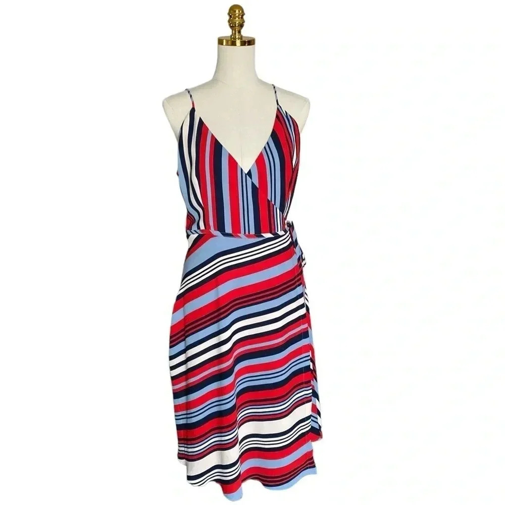 COOPER ST | Women's Vibrant Multicolored Striped V-neck Wrap Mini Dress Size 10
